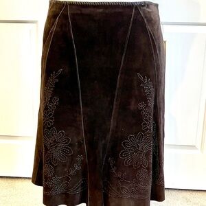 Elie Tahari Dark Brown Suede A-Line Skirt with Floral Stitching